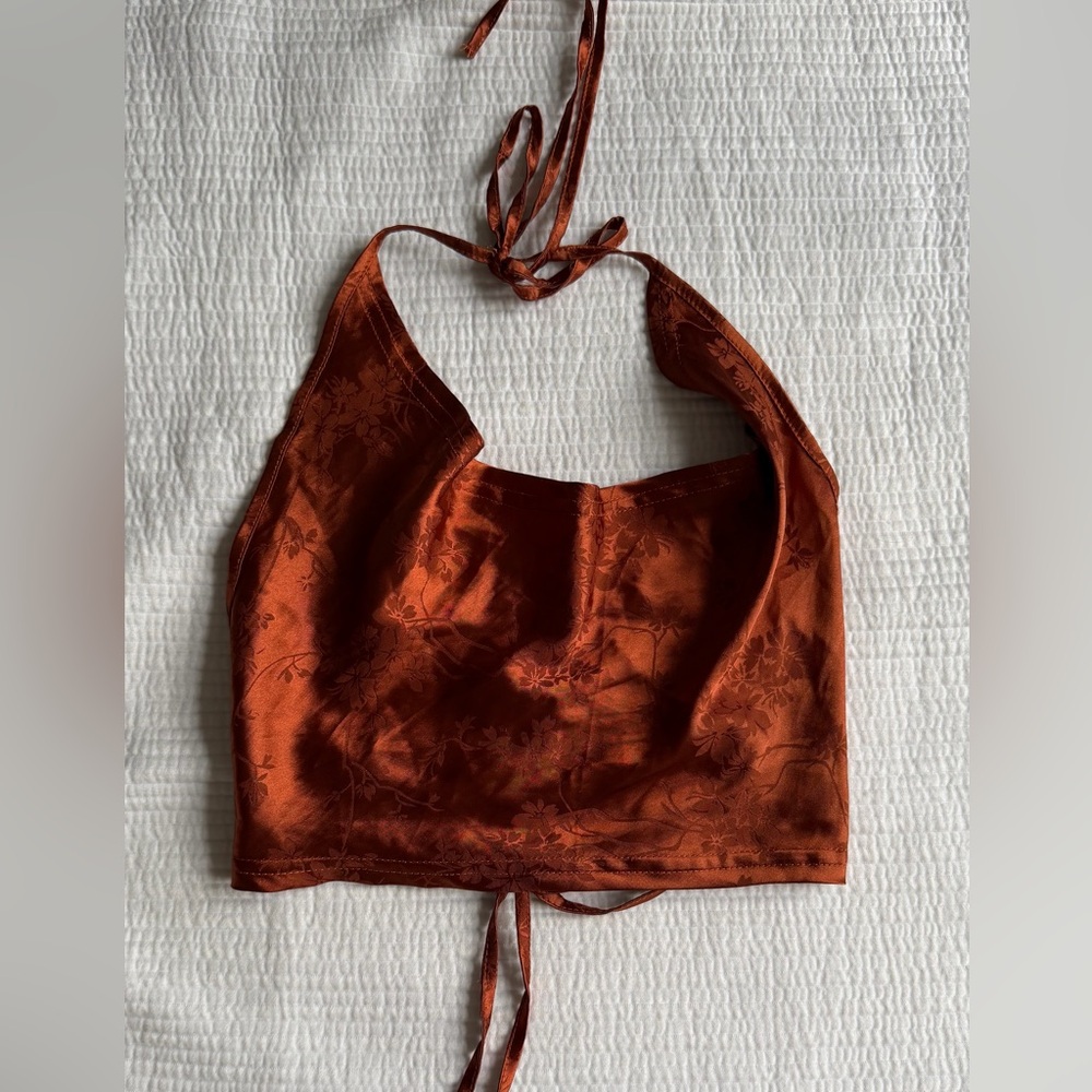 Satin Floral Printed Halter Crop And Backless Top - Rust Orange, Size Small